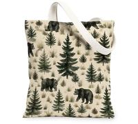 Bear Canvas Tote Bag for Women, Nature Rustic Pine Tree Grass Fall Green Washable Reusable Grocery Bag Ideas for Outdoor Tr, Green, 13x15 Inch