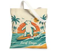 Bear Canvas Tote Bag for Women, Summer Tropical Surfboard Palm Trees Summer Turquoise Washable Reusable Everyday Tote Bag I, Turquoise, 13x15 Inch