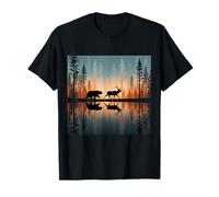 Bear Chasing Elk Lake Reflection On Lake T-Shirt