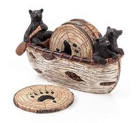 Bear Coasters Set - 3 Adorable Handmade Black Bear Figurines Paddling in a Canoe with 6 Full Size 3.5-inch Rustic Coasters - Log Cabin Decor, Black Bear Decor, Rustic Decor for the Home
