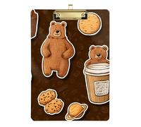 Bear Coffee Cookie Brown Cartoon Acrylic Plastic Legal Size clipboard Standard Letter A4 Size Hard Board for Soccer Truck Driver Gold 12x9in Tabla para escribir con Clip