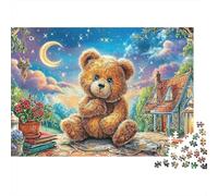 Bear Crossing 1000 Piece Travel Puzzle for Adults Teddy Bear Moon Stars House Flowers Premium Thick Sturdy Challenging Stress Relief 70x50cm/1000pcs