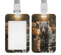Bear Crossing The River Badge Holder ID Badge Card Holder Wallet Case Sturdy Lanyard Badge Protector Vertical Plastic Card Case Protector Pouch with Clear Window ID Holder