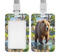 Bear Crossing The River Badge Holder Waterproof Plastic ID Card Badge Holders with Lanyard Vertical Card Case Protector Pouch Clear Window Work Badges for Women Men