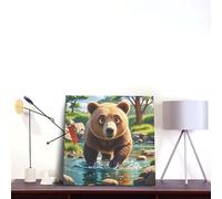 Bear Crossing The River Cartoon Canvas Wall Art Square Bathroom Decor 16"X16" Wall Decor Pictures Farmhouse Modern Artwork Posters Prints For Bathroom Bedroom Decoration