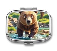 Bear Crossing The River Cartoon Pill Box 2 Compartment Square Pill Box for Pocket Purse Portable Travel Medicine Tablet Vitamin Holder Organizer Mini Decorative Pill Case