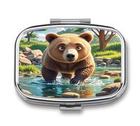 Bear Crossing The River Cartoon Pill Case Travel Portable Pocket Pill Box 2 Compartment Medicine Case Large Capacity Daily Pill Cases Vitamin Organizer Medicine Organizer Small Pill Box