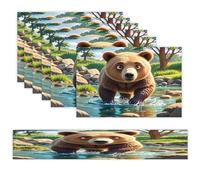 Bear Crossing The River Cartoon Table Runner and Placemats Set of 6 with 1 Table Runner + 6 Placemats Heat Resistant Place Mats Washable Linen Place Mat Festive Reusable Table Mat Set
