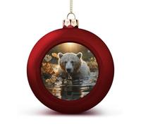 Bear Crossing The River Christmas Ball Ornaments - Shatterproof Plastic Vintage Rustic Xmas Tree Decorations Pendant for Family Holiday Wedding Party Xmas Hanging Decoration