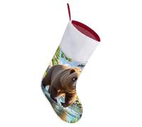 Bear Crossing The River Christmas Stocking with White Plush Cuff 17" Polyester Xmas Stocking Traditional Hanging Stockings for Fireplace Mantel Xmas Tree Family Holiday Decor