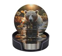 Bear crossing the river Coasters for Drinks Set of 6 Leather Drink Coasters with Holder Heat Resistant Bar Coasters Round Cup Mat Pad Cute Cup Coaster for Hot Cold Drink Kinds of Cups