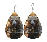 Bear crossing the river Earrings for Women Faux Leather Earring Teardrop Dangle Earrings Lightweight Jewelry Gift