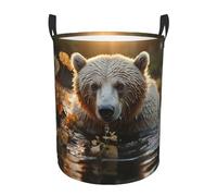 Bear crossing the river Laundry Hamper with Handle Waterproof Collapsible Laundry Basket Circular Dirty Clothes Hamper Lightweight Storage Basket for Bathroom Bedroom Car Small