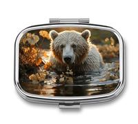 Bear Crossing The River Pill Box - 2 Compartment Travel Pill Organizer with Small Mirror, Portable Pillcase for Pocket & Purse, Cute Square Medicine Case, Weekly Medicine Container
