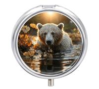 Bear Crossing The River Pill Box - 3 Compartment Travel Pill Organizer with Small Mirror, Portable Pillcase for Pocket & Purse, Cute Round Medicine Case, Weekly Medicine Container