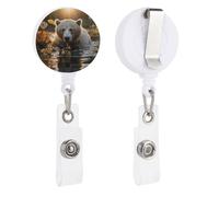 Bear Crossing The River Retractable Badge Reel - Personalized ID Name Badge Holder with Lanyard Cute Badges Reel Holder Round Nurse Doctor Name Tag Badges Clip for Work