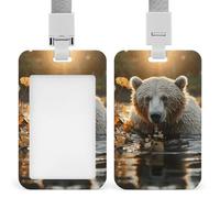Bear Crossing The River Retractable ID Badge Holder with Lanyard - Vertical Badge Reel,Keychain Clip,Name Tag Id Card Holder Protector for Nurse Officer Teacher Security Staff Women Men