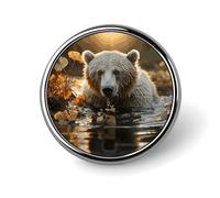 Bear Crossing The River Round Brooch Pin Aluminum Alloy Lapel Badge with Art Design Decorative Pin for Jackets Backpacks Fashion Accessory for Daily Wear And Party Decoration