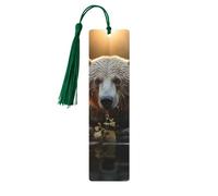 Bear Crossing The River Wooden Bookmarks for Book Lovers, Handmade DIY Book Mark with Colorful Tassels Double-Sided Printed Page Markers Artistic Book Accessories Gift for Women Men