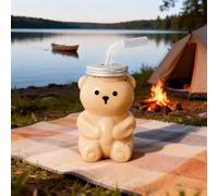 Bear Cup with Straw, Cute Bear Plastic Milk Tea Cups with Lids, Unique Honeybear Shaped Cups, for Milk Tea, Juice, Lemonade, Parties, Picnics & Home Use (A)