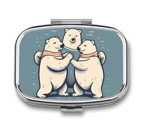 Bear Dancing Pill Box 2 Compartment, Portable Pill Case with Mirror for Pocket Purse Travel, Mini Metal Medicine Organizer for Vitamins Fish Oil