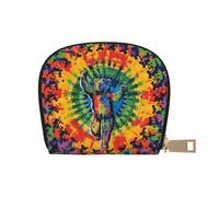 Bear Dancing Tie Dye Printed Leather Half Circle Card Wallet Zipper Card Case Holder, Compact Stylish for Men and Women