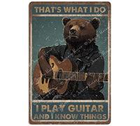 Bear Decor, That's What I Do I Play Guitar and I Know Things Bear Metal Tin Retro Sign, Funny Coffee Bar Sign, Home Art Wall Decor, Plaques with Sayings Gift 5.5x8 Inches