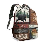 Bear Deer Cabin Forest All-Over Print 16 Inch Backpack, Rustic Country Plaid Kids School Bag for Camping Outdoor Adventure (01)