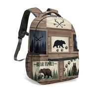 Bear Deer Cabin Forest All-Over Print 16 Inch Backpack, Rustic Country Plaid Kids School Bag for Camping Outdoor Adventure (02)