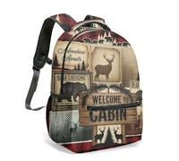 Bear Deer Cabin Forest All-Over Print 16 Inch Backpack, Rustic Country Plaid Kids School Bag for Camping Outdoor Adventure (05)