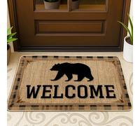 Bear Door Mat, Rustic Cozy Welcome Plaid None Brown Rubber Non-Slip Doormats for Floor Outdoor Decor for Front Door Entryway Patio 29x17 Inch