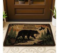 Bear Door Mat, Rustic Nature Mountain Tree Fall Brown Washable Low Profile Decorative Doormat for House Office Outside Inside Entrance Decor 29x17 Inch