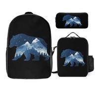 Bear Double Exposure Wildlife Animal 3 Pieces Set Laptop Backpack Casual Daypack with Lunch Box Pencil Case for Travel