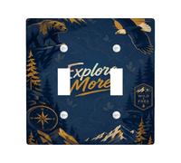 Bear Double Light Switch Cover Plate, Adventure Nature Eagle Mountains Summer Navy Plastic Standard Size Decorative Wall Plates for Living Room Bedroom Home Office Decor