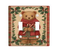 Bear Double Light Switch Cover Plate, Christmas Fanciful Holly Candy Cane Xmas Red Plastic Standard Size Toggle Light Switch Cover for Bedroom Bathroom Kitchen Bathroom Decor