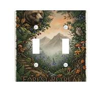 Bear Double Light Switch Cover Plate, Nature Rustic Owl Squirrel Fall Green Plastic Standard Size Wall Switch Plates Accents for Home Living Room New Apartment Decor