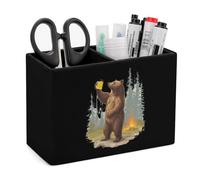 Bear Drinking Beer Leather Pen Pot 2 Sections Pencil Holder Office Desktop Organizer Makeup Storage