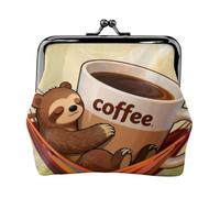 Bear Drinking Coffee Leather Kiss Lock Coin Purse-Small Mini Wallet for Women