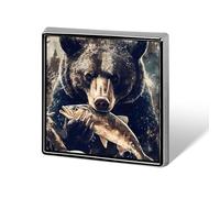 Bear Eating Fish Badge Pin Brooch Square Shape Button Aluminum Decor for Backpacks Hats 0.7 Inch