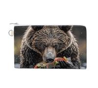 Bear Eats Fish Coin Purse Canvas Wallet with Zipper Portable Mini Change Pouch Cute Money Pouch Small Organizer Coin Card Key Holder for Women Girls Daily Use Gift