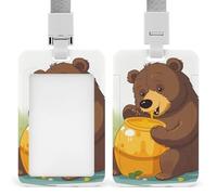 Bear Eats Honey Badge Holders with Push-Pull Slot&Lanyard Waterproof Plastic Vertical Work ID Card Holder Portable Travel Document Protector Detachable Card Protector
