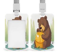 Bear Eats Honey ID Badge Holder Waterproof Card Protector Push-Pull Slot Work ID Card Holder with Lanyard Personalized Detachable Card Holders for Office Corporate Use