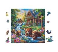 Bear Family Forest Stream 100 Piece Complete Jigsaw Puzzle Set Teens Beginners Mind Relaxation Puzzle Fans Group Play Anniversary Fathers Gift Thick Cardboard 28x28cm