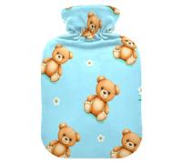 Bear Flower Blue Hot Water Bottle with Cover for Pain Relief Feet Warmer for Period Cramps, 1L
