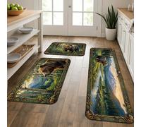 Bear Forest Kitchen Mats for Floor, Nature Wildlife Rustic Soft Mats, Autumn Cushioned Comfort Washable Decor Rugs for Kitchen Sinks Laundryroom Bathroom 3pcs