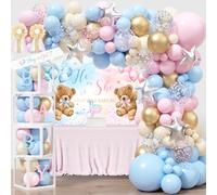 Bear Gender Reveal Decorations, He or She Baby Gender Reveal Party Decoration, Boy or Girl Bear Theme Party Supplies, Backdrop BABY-Box Tablecloth Mom to Be Sash Dad to Be Pin Balloon Arch