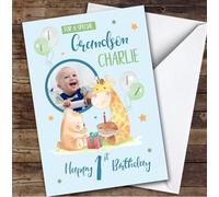 Bear Giraffe Blue Cake Photo Grandson 1st Boys Custom Personalised Birthday Card - Personalised Birthday Greeting Card for Kids, Custom Birthday Card