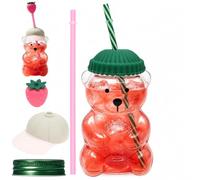 Bear Glass Cup with Straw and Lid 568ml Cold Coffee Cup for Office Home | Thick Clear Glass, Charming Bear Shape Tumbler Mug, Large Capacity, Decorative Glass Cup, for Hot and Cold Drinks