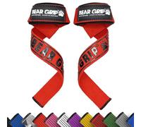 BEAR GRIP Straps - Premium Neoprene Padded Heavy Duty Double Stitched Weight Lifting Gym Straps, Deadlift, Gym Accessories for Men and Women, Advanced Gel Grip, 100% cotton, Extra long length (Red)