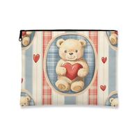 Bear Heart Makeup Bag, Vintage Cute Cosmetic Travel Pouch for Women, Portable Canvas Zipper Organizer, Valentine'S Day Skincare Toiletry Bag, Beige, 7x9 Inch, Bear